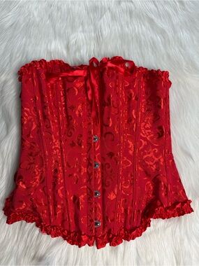 Red Satin Burlesque Floral Jacquard Lace Up Corset